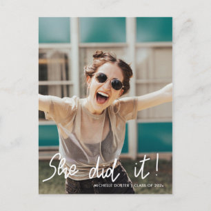 She Did It Graduate Script Handwritten   Photo  Announcement Postcard