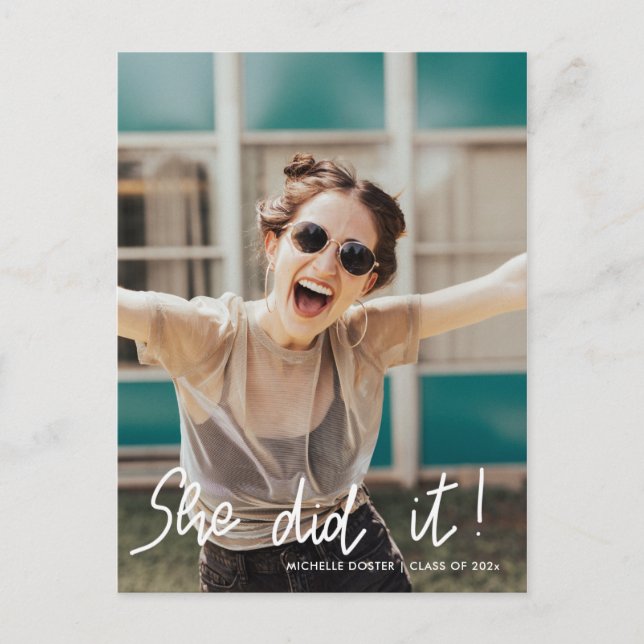 She Did It Graduate Script Handwritten | Photo  Announcement Postcard (Front)
