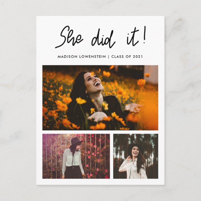 She Did It Graduate Script Three Photo Collage  Invitation Postcard (Front)