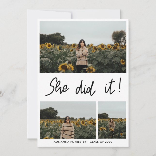 She Did It |  Graduate Three Photo Collage Invitation (Front)