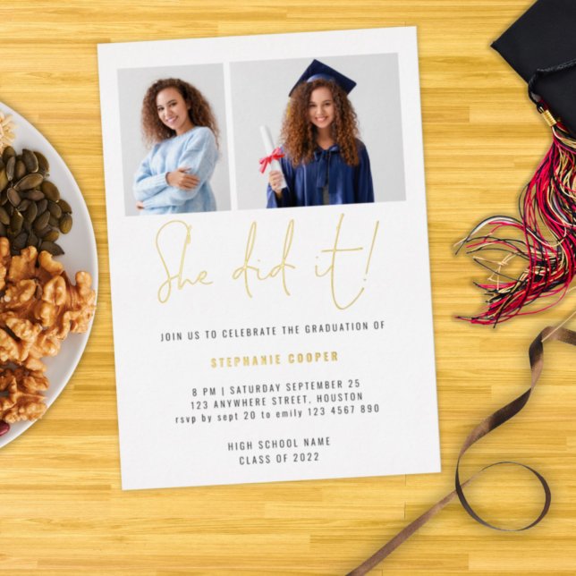She Did It Graduation 2024 2 Photos Gold Real Foil Invitation (Creator Uploaded)