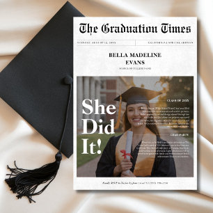 She Did It Graduation 2025 Newspaper Overlay Photo Invitation