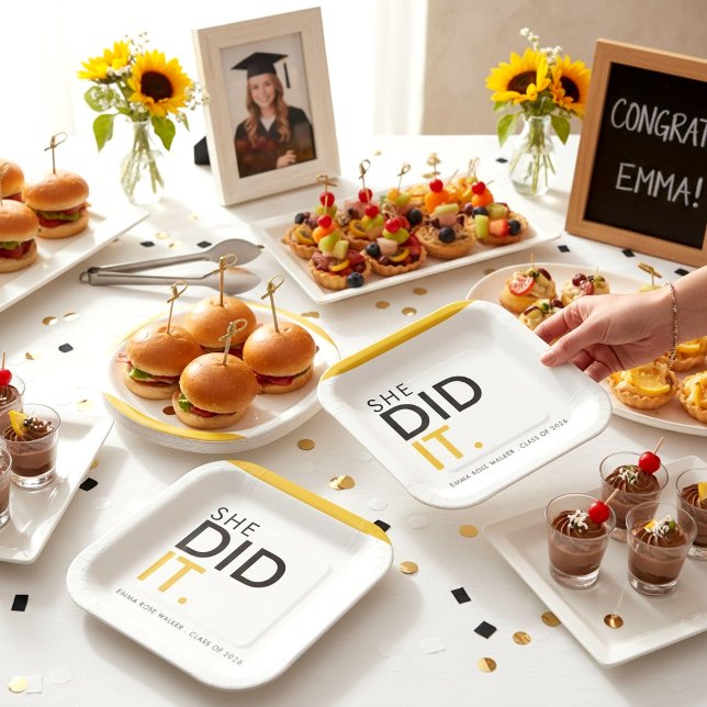 She Did It Graduation Bold Text Black Gold Design Paper Plates (Creator Uploaded)