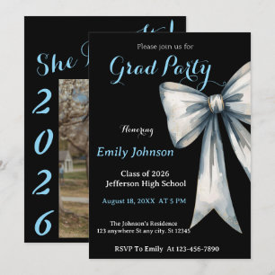 She did it Graduation invitation Photo Blue Bow