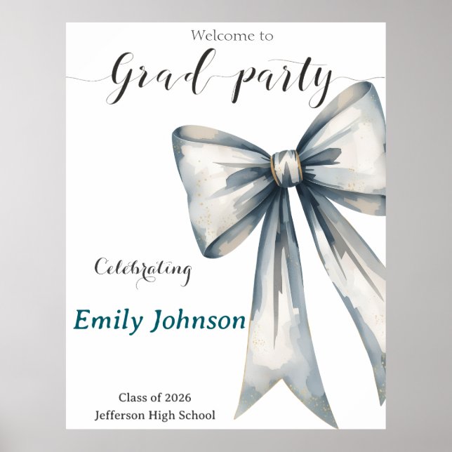 She did it Graduation invitation Photo Blue Bow  Poster (Front)