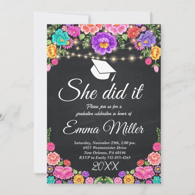 She Did It, Mexican Chalkboard Graduation Invitation (Front)
