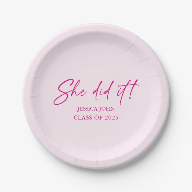 She did it minimal cute pink Graduation  Paper Plates (Front)