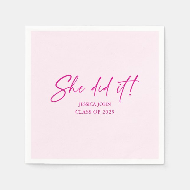 She did it minimal cute pink Graduation Party Napkins (Front)