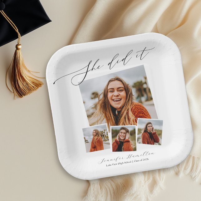 She Did It Minimalist Photo Grad Party  Paper Plates (Creator Uploaded)