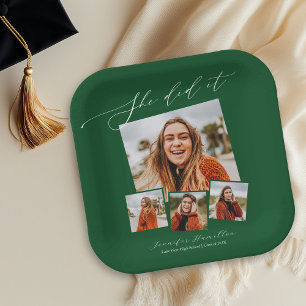 She Did It Minimalist Photo Grad Party Paper Plates