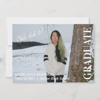 She Did It! Minimalist Text Graduate Photo Invitation
