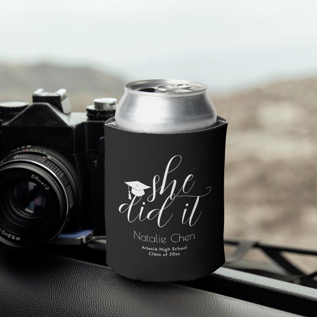 She Did It Modern Black Elegant Graduation Can Cooler (Creator Uploaded)