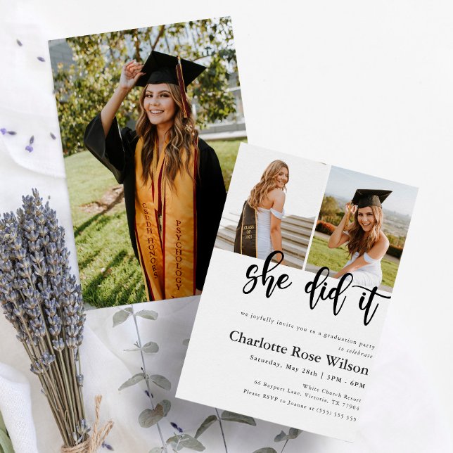 She Did It Modern Elegant Photo Graduation Invitation (Creator Uploaded)