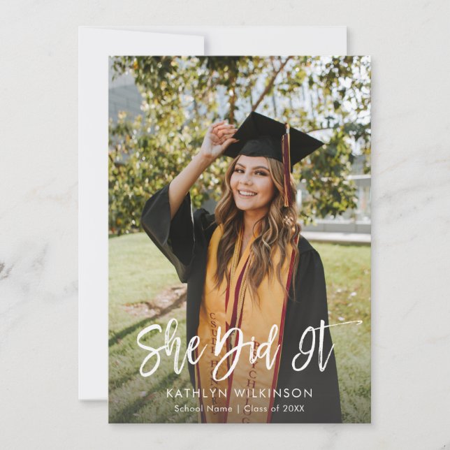 She Did It Modern Minimalist Photo Graduation Announcement (Front)