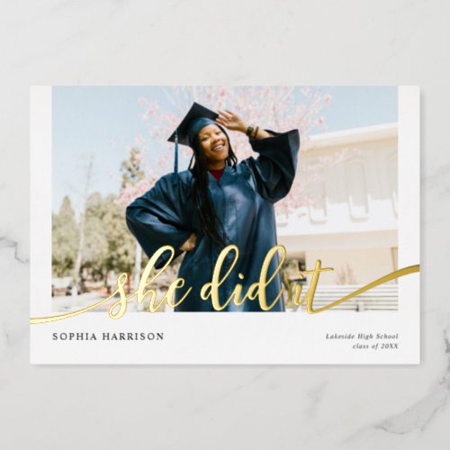 She did it Modern Photo Graduation Foil Invitation