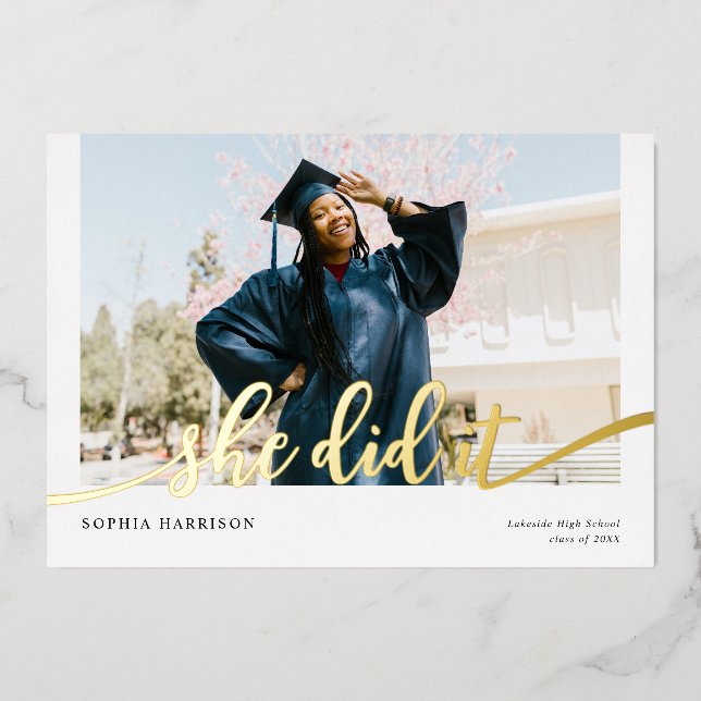 She did it Modern Photo Graduation Foil Invitation (Front)