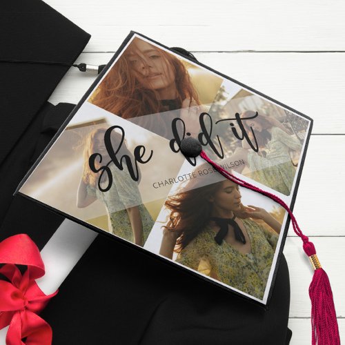 She Did It Modern Trendy 4 Photo Collage Graduation Cap Topper