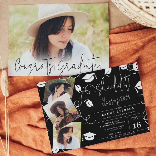 She did it Modern white on black photo graduation Invitation