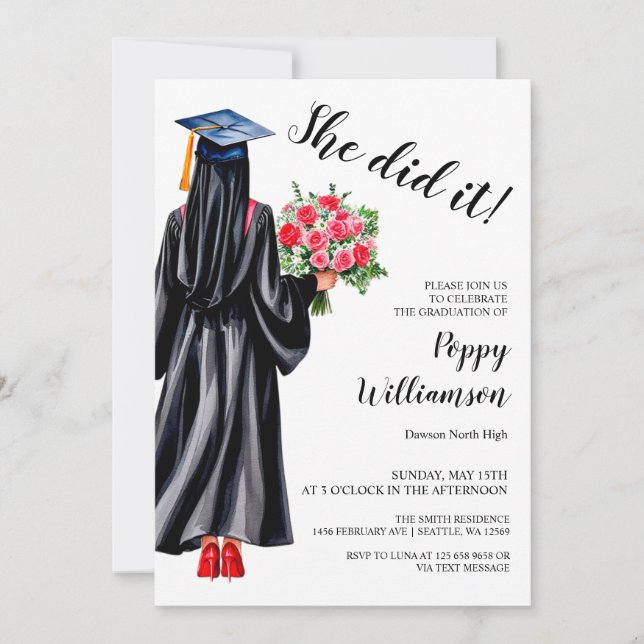 She Did It Muslim Hijab Watercolor Graduation  Invitation (Front)