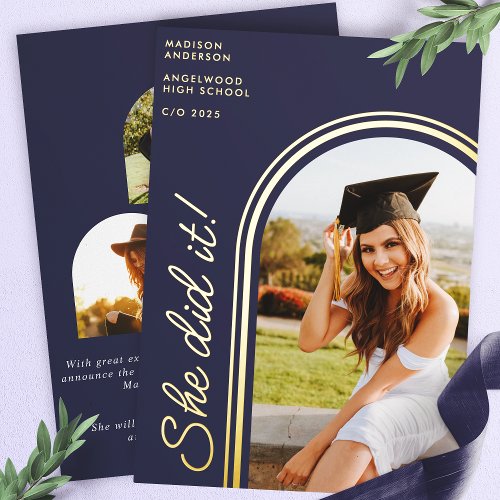 Graduation Invitations 14 She Did It Navy Blue Modern Arch Photo Graduation Foil Invitation