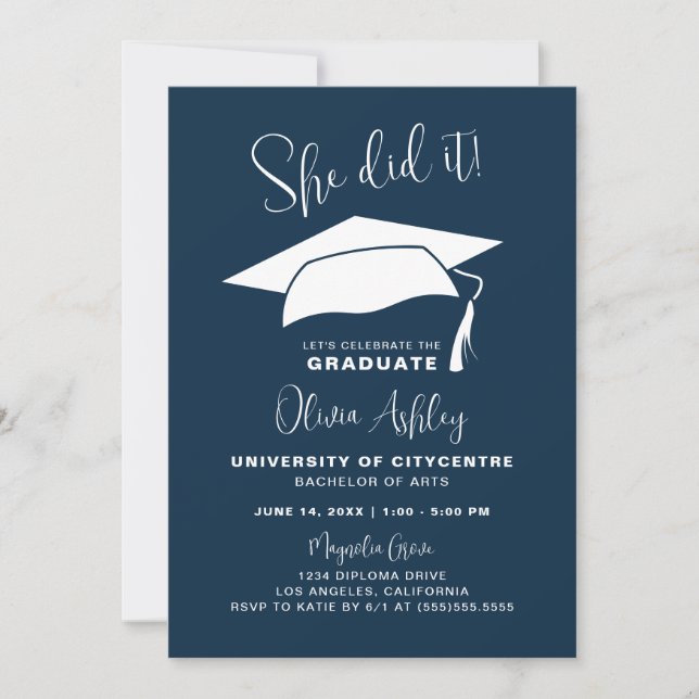 She Did It Navy Photo Graduation Invitation (Front)