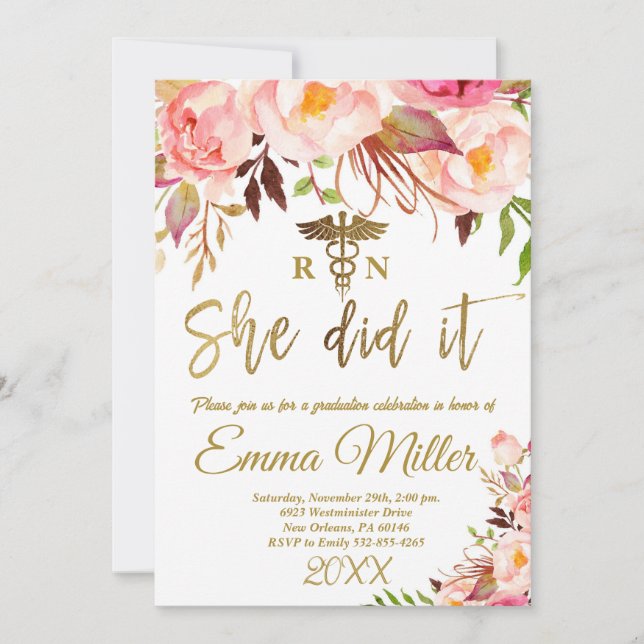 She Did It - Nursing School Gold Graduation Party Invitation (Front)