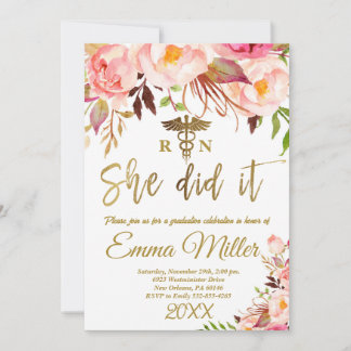 She Did It - Nursing School Gold Graduation Party Invitation