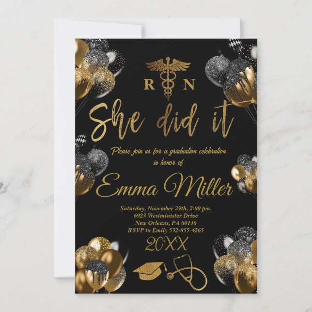 She Did It - Nursing School Gold Graduation Party Invitation (Front)