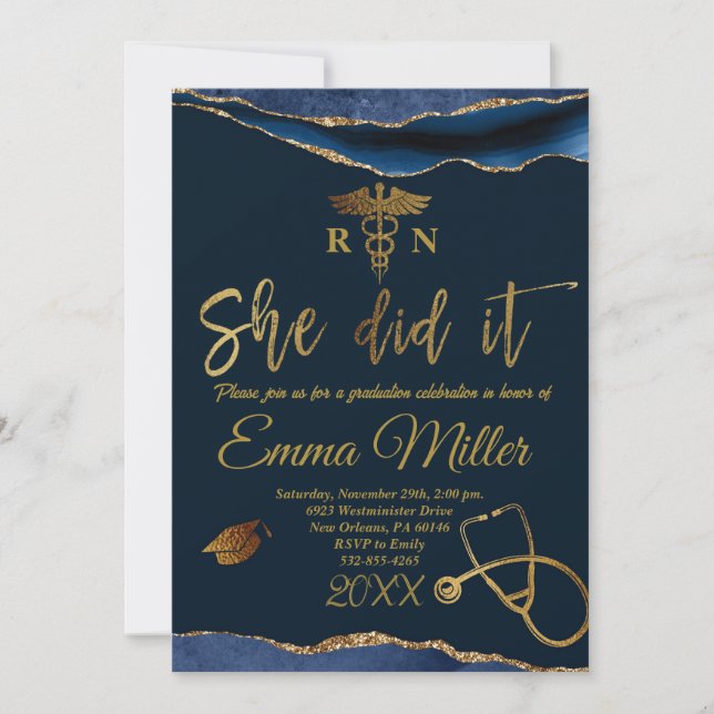 She Did It - Nursing School Navy & Gold Graduation Invitation (Front)