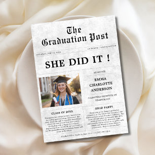 She Did It   Old Style Graduation Newspaper Photo  Invitation