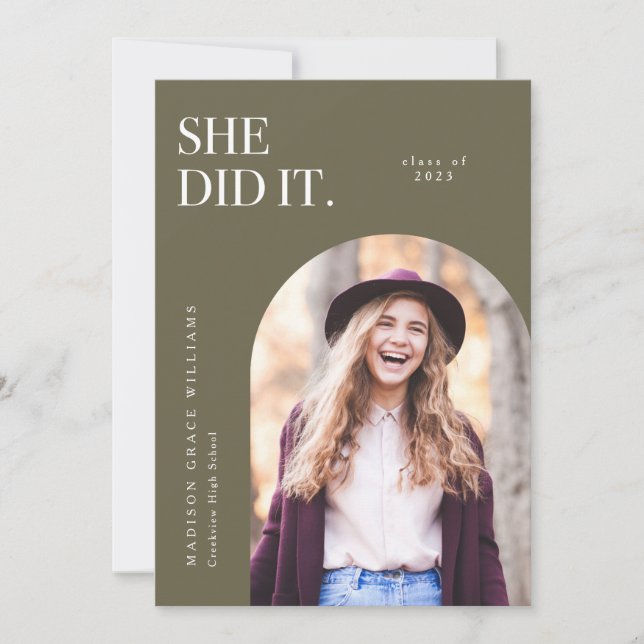 She Did It Olive Arch Graduation Announcement (Front)
