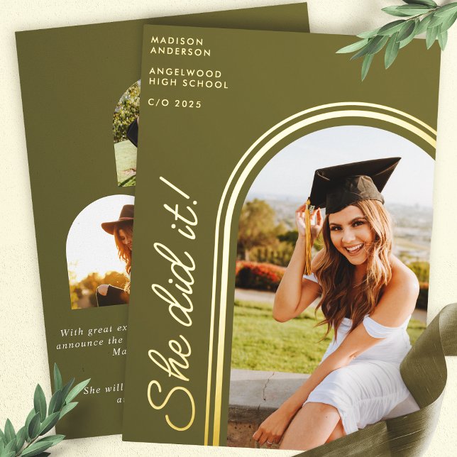 She Did It Olive Modern Arch Photo Graduation Foil Invitation (Creator Uploaded)