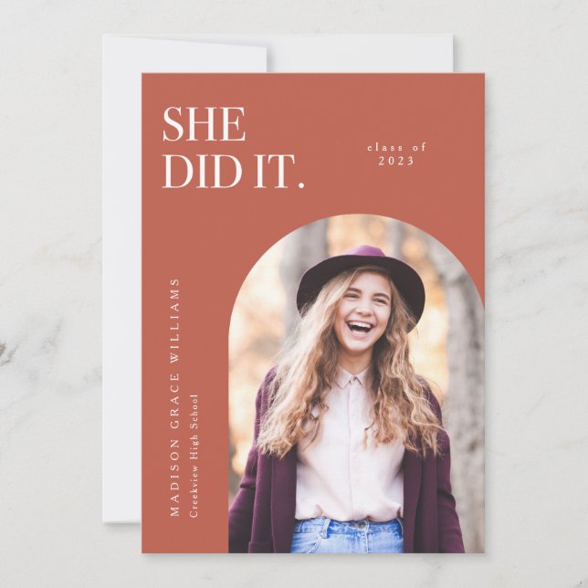 She Did It Orange Arch Graduation Announcement (Front)