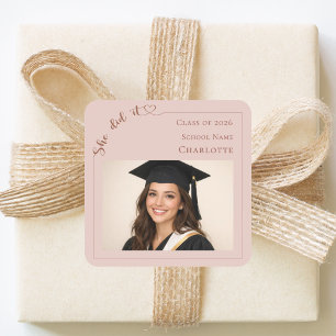 She Did It photo blush pink Graduation Party Square Sticker