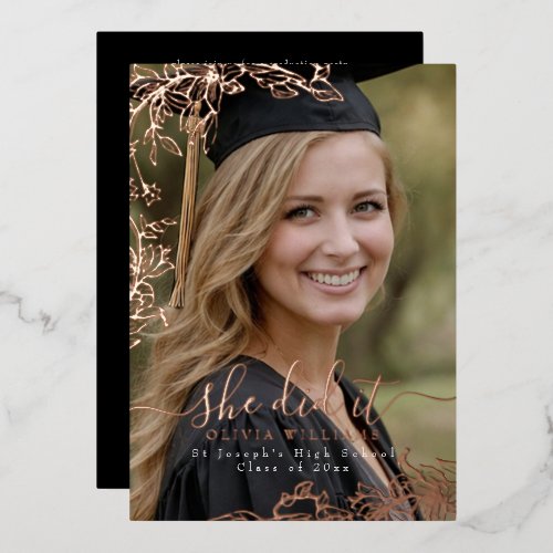 She did it Photo Floral Foil Graduation Party  Invitation