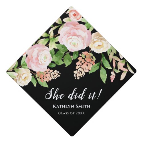 She Did It Pink Floral Calligraphy Graduation Cap Topper