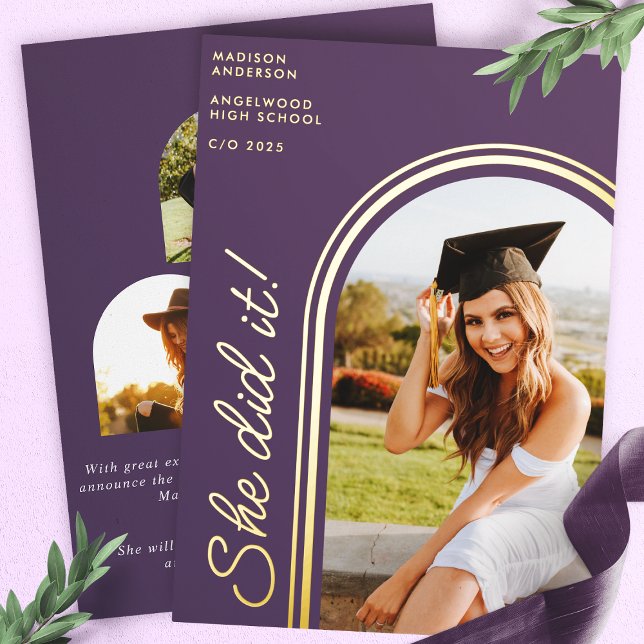 She Did It Purple Modern Arch Photo Graduation Foil Invitation (Creator Uploaded)