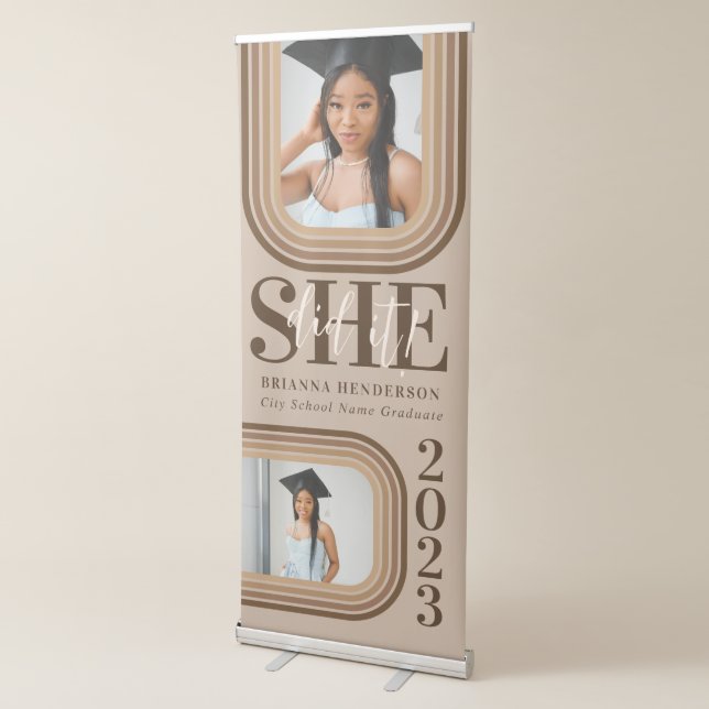 She Did It Retro Brown and Neutral Graduation Retractable Banner (3/4)