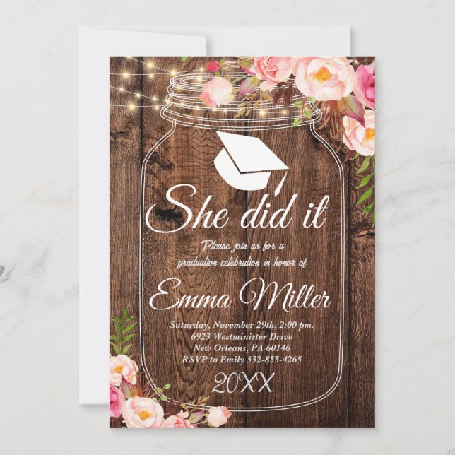 She Did It -- Rustic Graduation Party Invitation (Front)