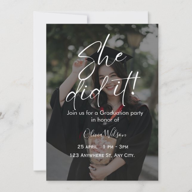 She Did It Script Fully Editable Graduation  Invitation (Front)