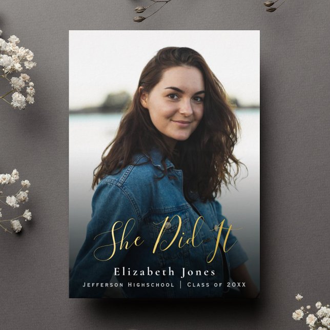 She Did It Script Graduation Photo  Foil Invitation (Creator Uploaded)