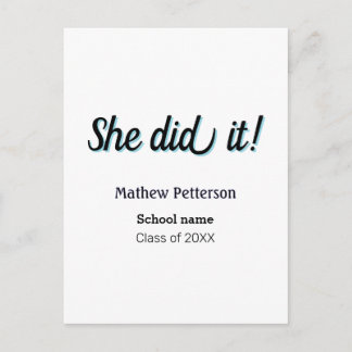 She did it simple black classy modern graduation postcard
