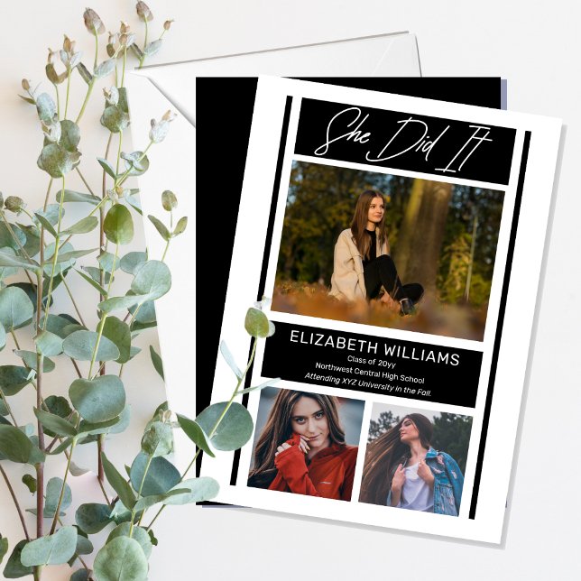 She Did It Simple Minimalist BW Graduation  Announcement ("She Did It" Simple Minimalist Black and White Graduation Announcement - Print and/or Download)