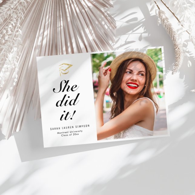 SHE DID IT |  simple script photo graduation card (Creator Uploaded)