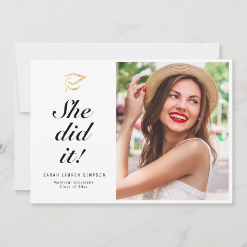 SHE DID IT | simple script photo graduation card | Zazzle