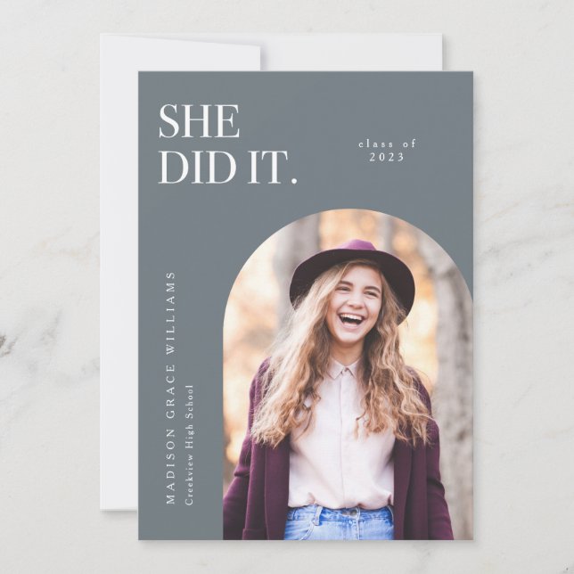 She Did It Stone Blue Arch Graduation Announcement (Front)