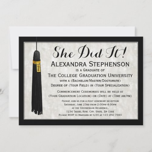 She Did It Tassel College Graduation Invitation