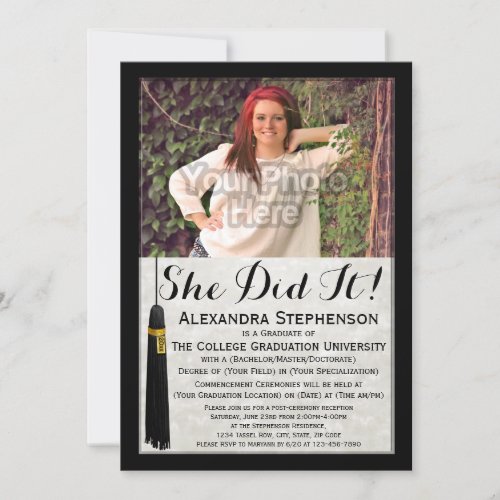 She Did It Tassel Photo College Graduation Invitation