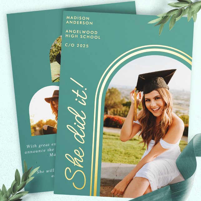 She Did It Teal Modern Arch Photo Graduation Foil Invitation (Creator Uploaded)
