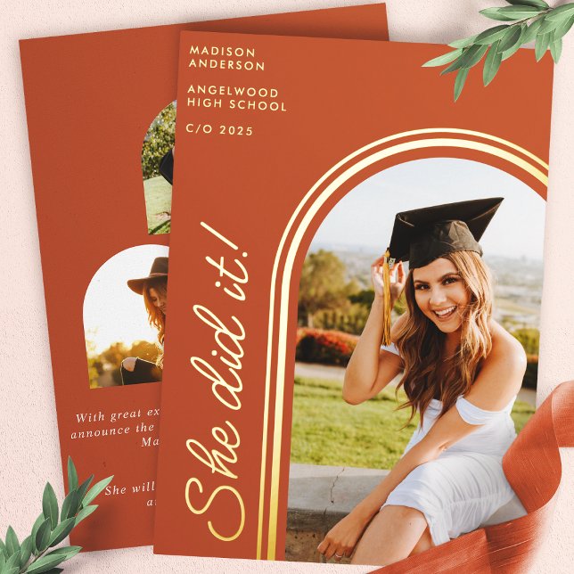 She Did It Terracotta Modern Arch Photo Graduation Foil Invitation (Creator Uploaded)